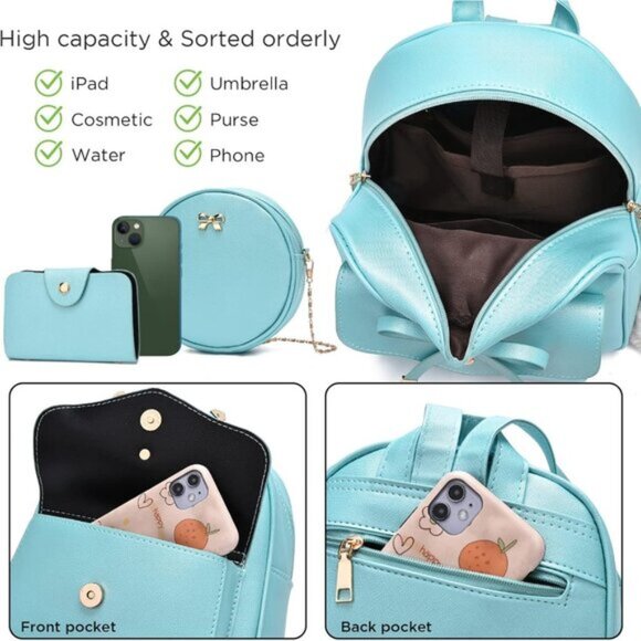 New Bowknot Green 3-Piece Set – Leather Backpack, Shoulder Bag & Purse - Picture 4 of 7